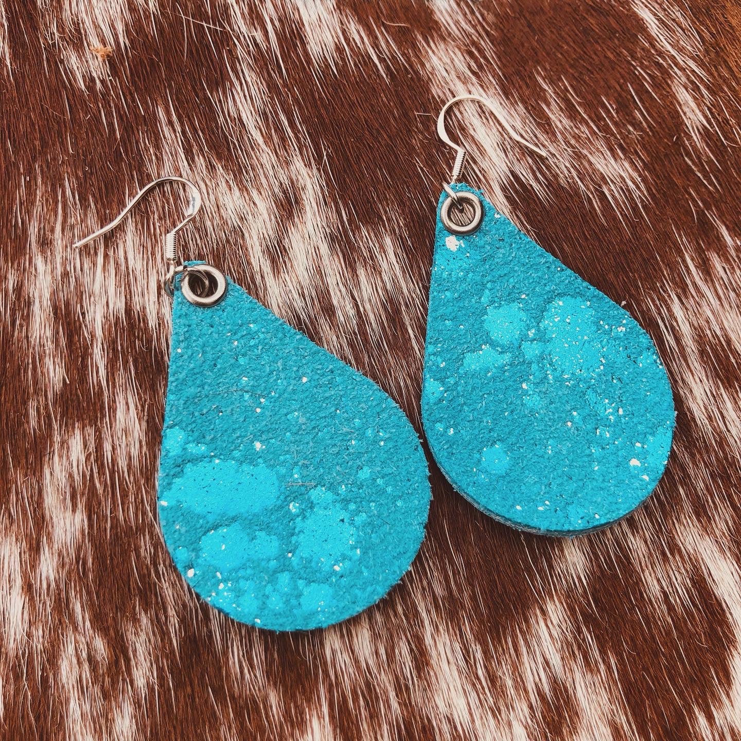 Turquoise Acid Washed Metallic Leather Earrings