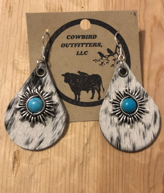 Black and White Cowhide Earrings with Turquoise Sunbursts