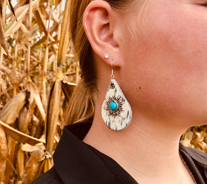 Black and White Cowhide Earrings with Turquoise Sunbursts