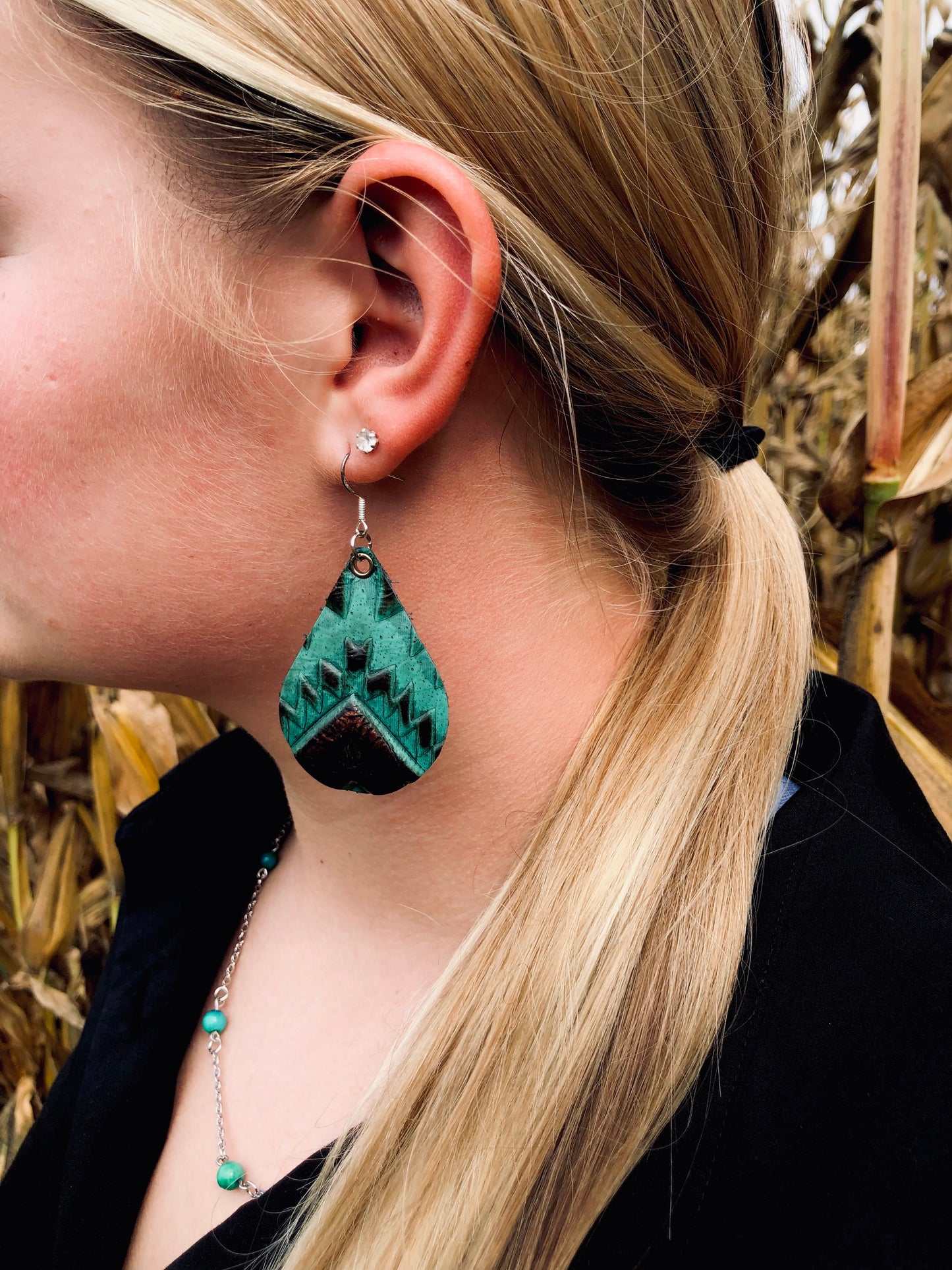 Turquoise and Copper Leather Teardrop Earrings