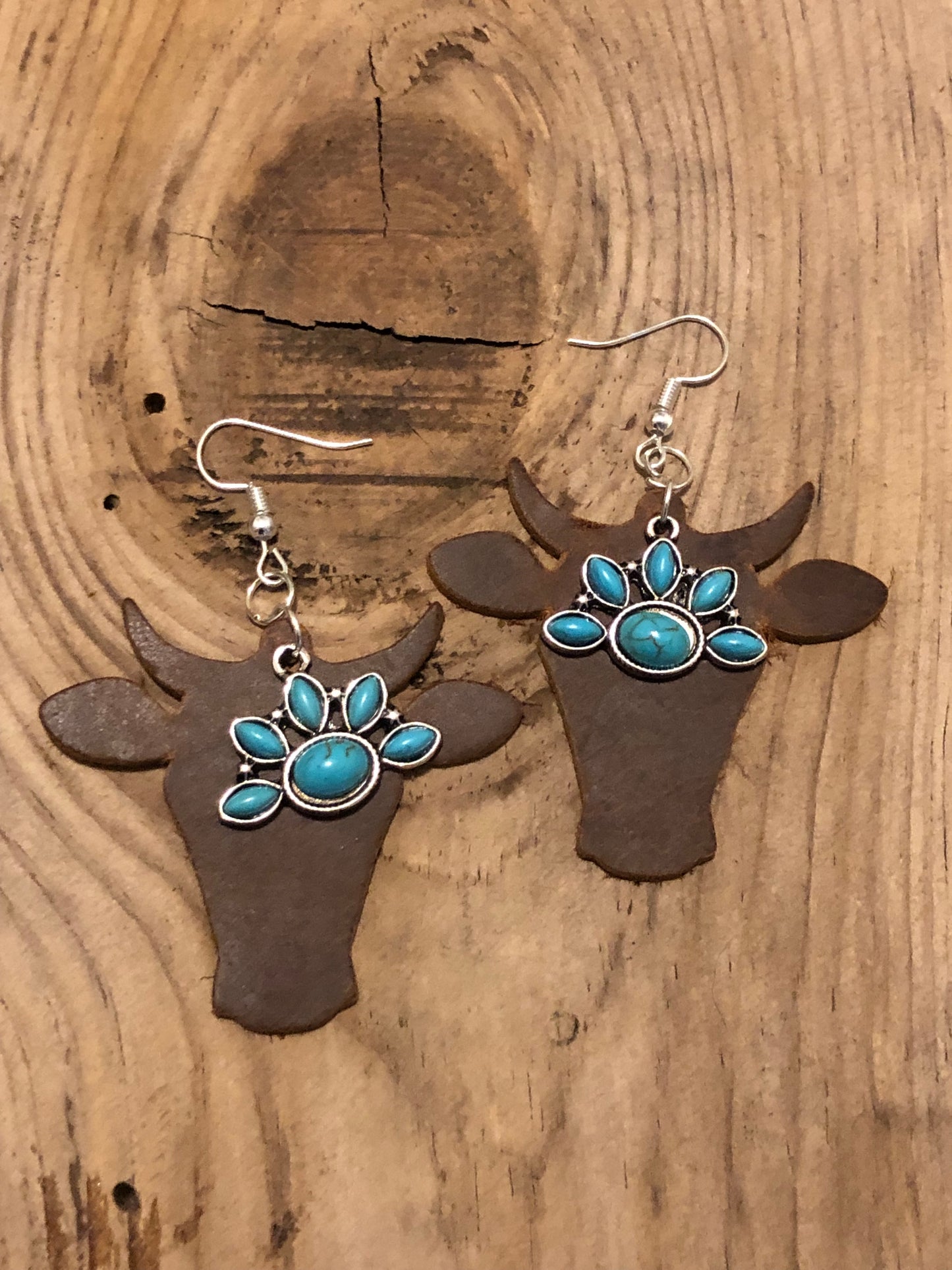 Leather Bull Head Earrings with Silver and Turquoise Accents